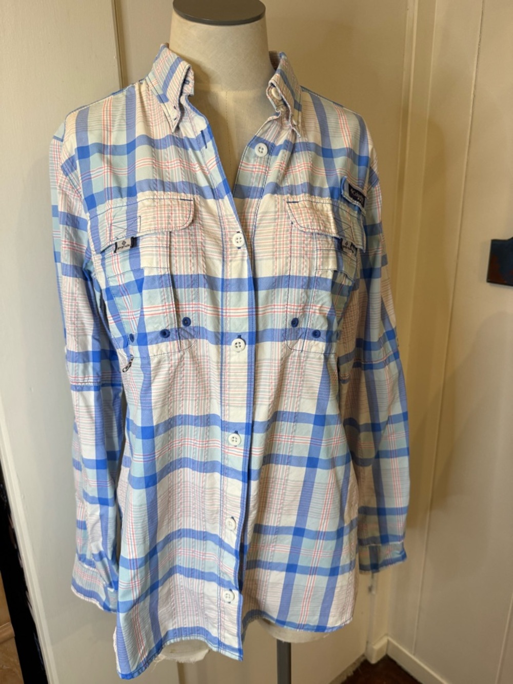 Columbia Super Bahama Vented Shirt - Blue Plaid Sz S